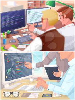 Programmers and analyst at table with computer pointing to display with charts and program code. Businessman working at workplace, analyzes financial statistics. Man compiles report with indicators