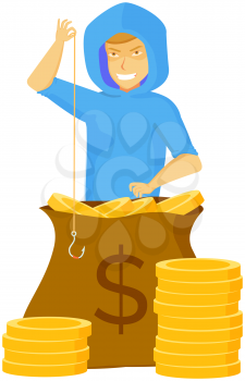 Cartoon thief sitting near big money bag. Man stealing carefully, bandit attacks sack with money. Funny burglar isolated on white. Dangerous criminal insidious thief puts coins on hook to steal