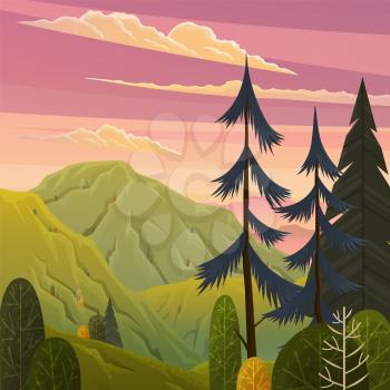 Green landscape with mountains vector illustration with trees and bushes in foreground. Rural summer meadow terrain with pines on hills flat style. Nature green and yellow landscape with pink sky