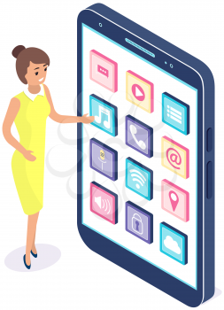 Development of mobile application, program for smartphone concept. Woman standing near phone and looking at application icons layout on screen. Software development, apps for electonic devices