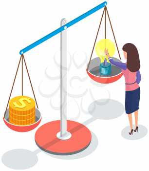 Investment and startup making profit concept. Businesswoman makes decision. Light bulb new idea and gold coins on scales, balance. Strategy for successful development in financial activities