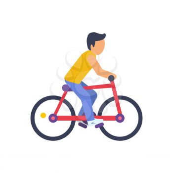 Cyclist on red bike, colorful vector illustration, man in yellow t-shirt and blue trousers, lilac bike s seat, two black wheels, bright background