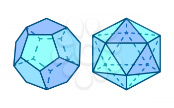 Dodecahedron and icosahedron, collection of shapes with lines and blue color, dodecahedron and icosahedron forms, isolated on vector illustration