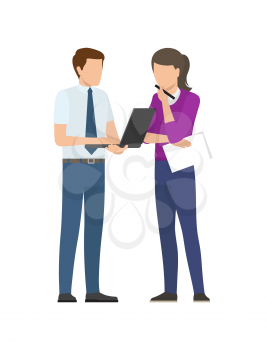 Man and woman discussing startup project issues vector illustration of business people isolated on white. Male with notebook and thoughtful woman