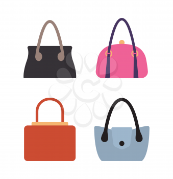 Collection of women bags stylish accessories for females vector illustration isolated on white. Leather handbags, bags with handles and locks set