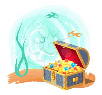 Mysterious chest of treasures at sea bottom. Gold coins and precious gems surrounded with fishes and seaweed isolated cartoon vector illustration.