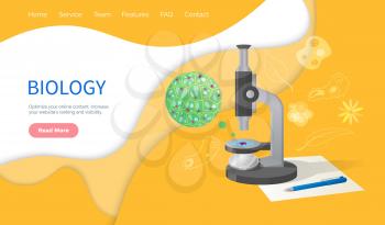 Biology discipline education in school, subject vector. University lessons and classes, studies with microscope and microorganisms research in details