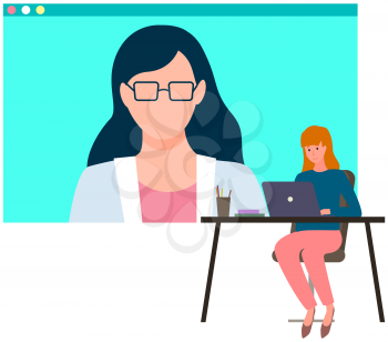 Video call with friend. Girl talking to lady in glasses by computer webcam. Online conference, virtual meeting. Young women chatting remotely. Stay home, social distancing. Vector illustration