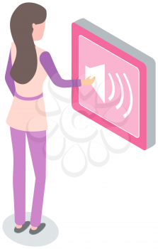 Woman designs and creates application. Pink sound icon on white background. Development of new functions for computers and phones. Person app developer working on software interface and programming