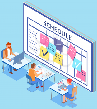Project planning, deadline and time management concept. Business team with computers makes office timetable. People analyzing plan, schedule. Employees work with schedule planning using technology
