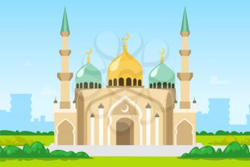 Muslim mosque isolated. Temple vector classic cathedral illustration. Religious building in style of ancient architecture, traditional prayer house, dome with moon on roof
