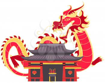 Asian or Chinese building or temple in traditional style and fabulous mythical red dragon isolated on white. Country national symbol. Travel Chinese vector poster with japanese famous landmark