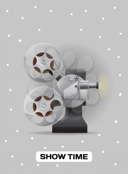 Show time banner with retro movie projector with bobbin. Analog device cinema motion picture film projector with different film reels. Optical device for viewing still images, filmstrips, slides