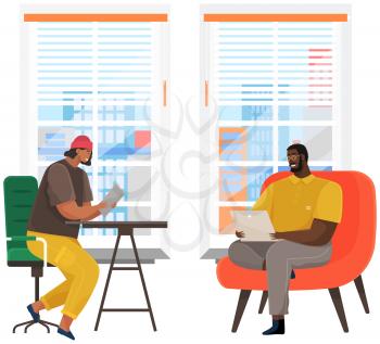 Colleagues are communicating. People discussing working questions. Employees during work. Men have dialogue, talk, relax in studio. Communication, conversation at workplace vector illustration