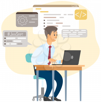 Programmer or coder looking at computer display and program window with code. Concept of API or script coding or application programming interface for software connection. Software development