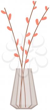 Bouquet of blooming garden plants for interior decoration in glass transparent vase vector illustration. Branches with beautiful pink flowers in vase. Elegant spring season purple bouquet holiday gift