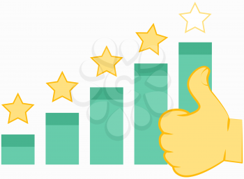 Diagram and human hand showing symbol Like thumb up, success in business. Vertical block diagram with stars, way forward. Statistics and analytics with growing lines, dynamics with ok gesture sign