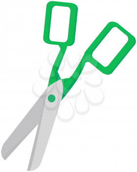 Scissors, tool made of blades and plastic handles. Equipment for creativity, cutting materials. Iron scissors with green handles isolated on white background. Sharp cutting tool, shears, clippers