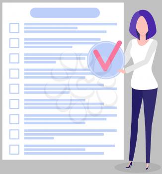 Month scheduling, to do plan, time management concept. Woman stands near to do list with check mark in hand. Plan fulfilled, task completed, timetable sheet. Girl works with check list planning
