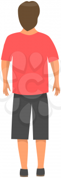 Young man in casual clothing standing looking back. Male character looks at something behind him. Back view of guy, vector illustration isolated on white background. Person wearing shorts and t-shirt