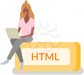 Woman programmer, html button and laptop. Programming or coding, digital technology. Lady is working with electronic device to create websites. Html developer sitting on block with text HTML