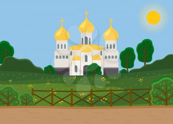 Old Orthodox Church isolated. Temple vector classic cathedral illustration. Religious building in style of ancient architecture, traditional prayer house, dome with cross on roof