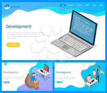 Set of illustrations about working on web development on computer. Busy man at workplace work with laptop. Website for development landing page template. Working with technology for online development