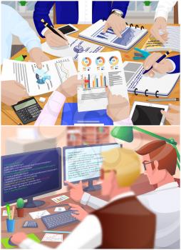 Business meeting scenes set with brainstorming team discussion people, programmers write program code. Teamwork staff around table with documents and statistics chief art director checks report