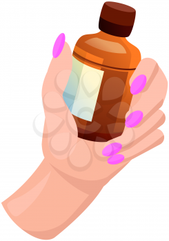 Glass bottle with brown medicine in woman hand. Medicine, healing liquid, antibacterial substance in container. Iodine, wound care fluid, disinfectant. Brown sanitizer liquid in glass bottle