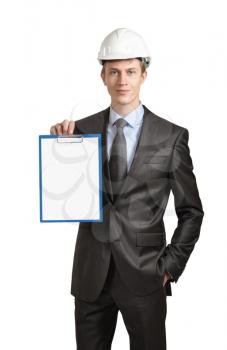 Engineer shows a clipboard with a blank sheet of paper. isolated on white