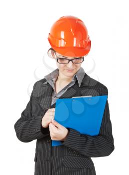 woman in the construction helmet wrote on the tablet. isolated on white