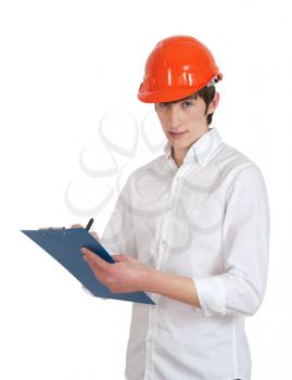 Young construction worker with helmet writing down notes isolated on white background