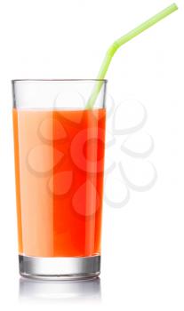 glass of fresh grapefruit juice with a straw. Isolated on white with clipping paths