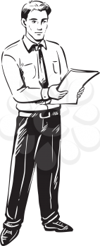 Businessman standing holding a document in both his hands and looking at the viewer, black and white hand-drawn doodle illustration