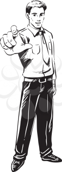 Businessman making a size gesture holding out his hand towards the viewer indicating the size with his thumb and index finger, hand-drawn black and white vector illustration