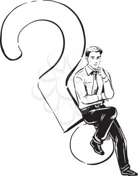 Businessman sitting thinking on a question mark trying to find a solution to a problem, black and white hand-drawn doodle illustration