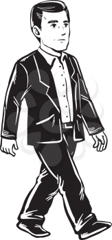 Confident handsome businessman walking in a suit, side view black and white hand-drawn doodle illustration