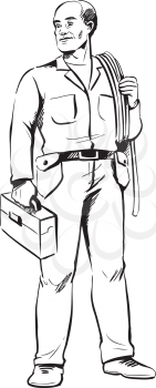 Cable repair man with a tool kit in his hands, tool belt and roll of cable wire over his shoulder, full length vector sketch