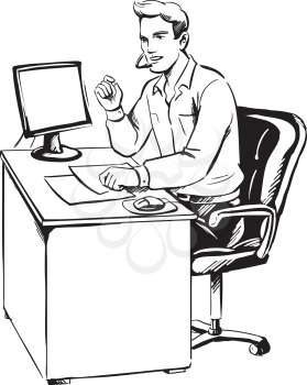 Call agent doing telemarketing or offering support at a call centre sitting at his desk in front of a computer wearing a headset, black and white hand-drawn vector illustration