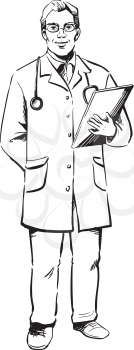 Confident male doctor wearing a lab coat and stethoscope and carrying a file with patients records standing smiling with his hand in his pocket, black and white hand-drawn vector illustration