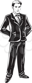 Confident businessman in a black suit standing with his hands behind his back, black and white hand-drawn doodle illustration