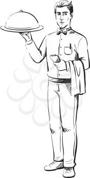 Waiter delivering a meal to the table balancing a plate covered by a dome to keep the food warm on his hand, hand-drawn black and white vector illustration