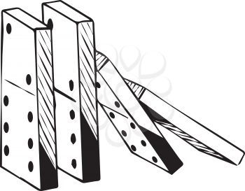 Dominoes collapsing falling down from the righthand side beginning the domino effect, black and white hand-drawn doodle illustration