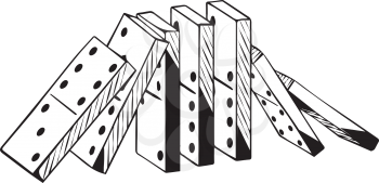Upright balanced set of dominoes falling in two directions collapsing from either end inwards towards the centre, vector illustration