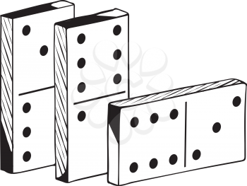 Three dominoes, two standing upright and one in the foreground lying sideways, black and white hand-drawn doodle illustration