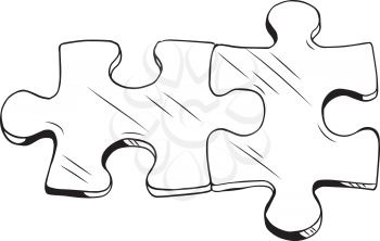 Two interlocked puzzle pieces with irregular shapes signifying the solution or answer to a problem, black and white hand-drawn vector illustration