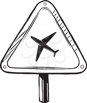 Triangular caution traffic sign for an airport with a flying plane, black and white hand-drawn vector illustration