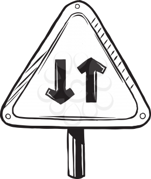Traffic sign warning of two way traffic with two arrows side by side pointing in opposite directions, hand-drawn vector illustration