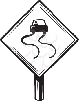Slippery when wet road traffic caution sign showing a car with skid marks loosing traction on the wet surface, hand-drawn black and white vector illustration