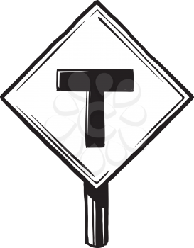 T road traffic sign warning motorists they must turn either right or left as there is no thoroughfare, hand-drawn black and white vector illustration